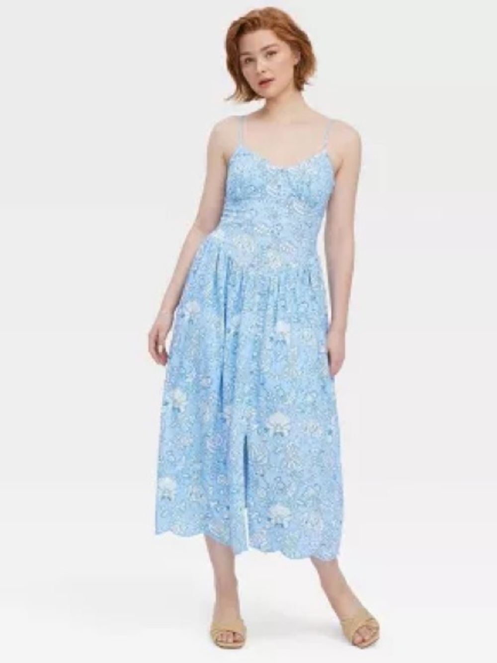 Roller Rabbit Light Blue Floral Midi Dress with Spaghetti Straps